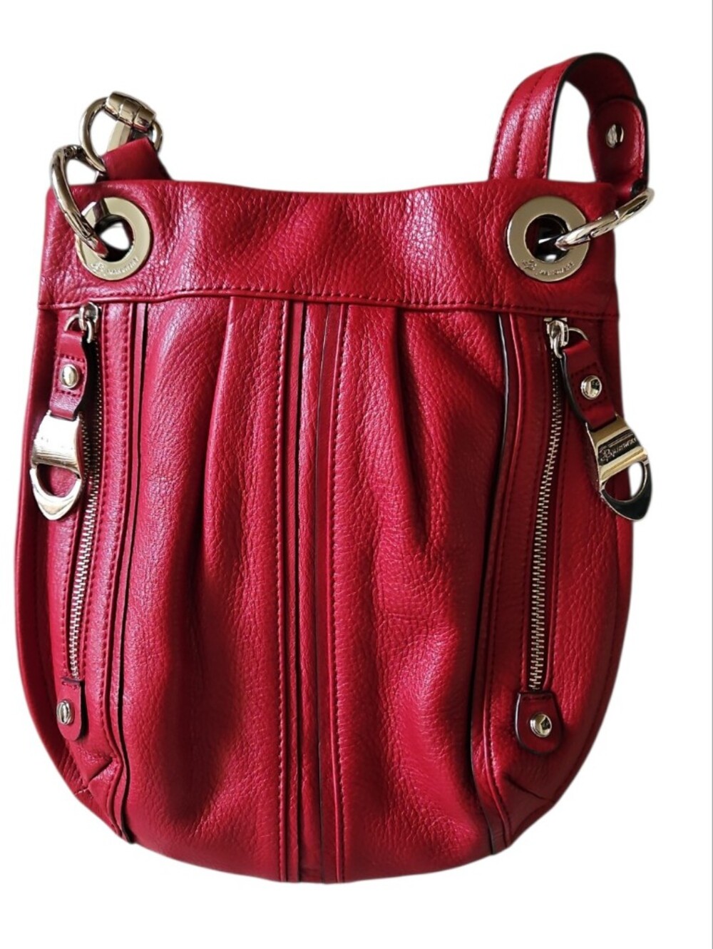 B. Makowsky Red Pebbled Leather Crossbody Bag Genuine Leather Silver Hardware - Picture 2 of 7